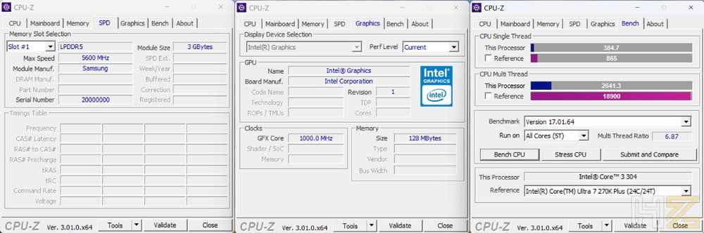 Tres ventanas del software CPU-Z mostrando información de SPD, gráficos y pruebas de rendimiento del NiPoGi P2.