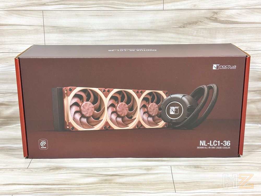 Caja del sistema de refrigeración líquida Noctua NL-LC1-36 con imagen del radiador y tres ventiladores frontales.