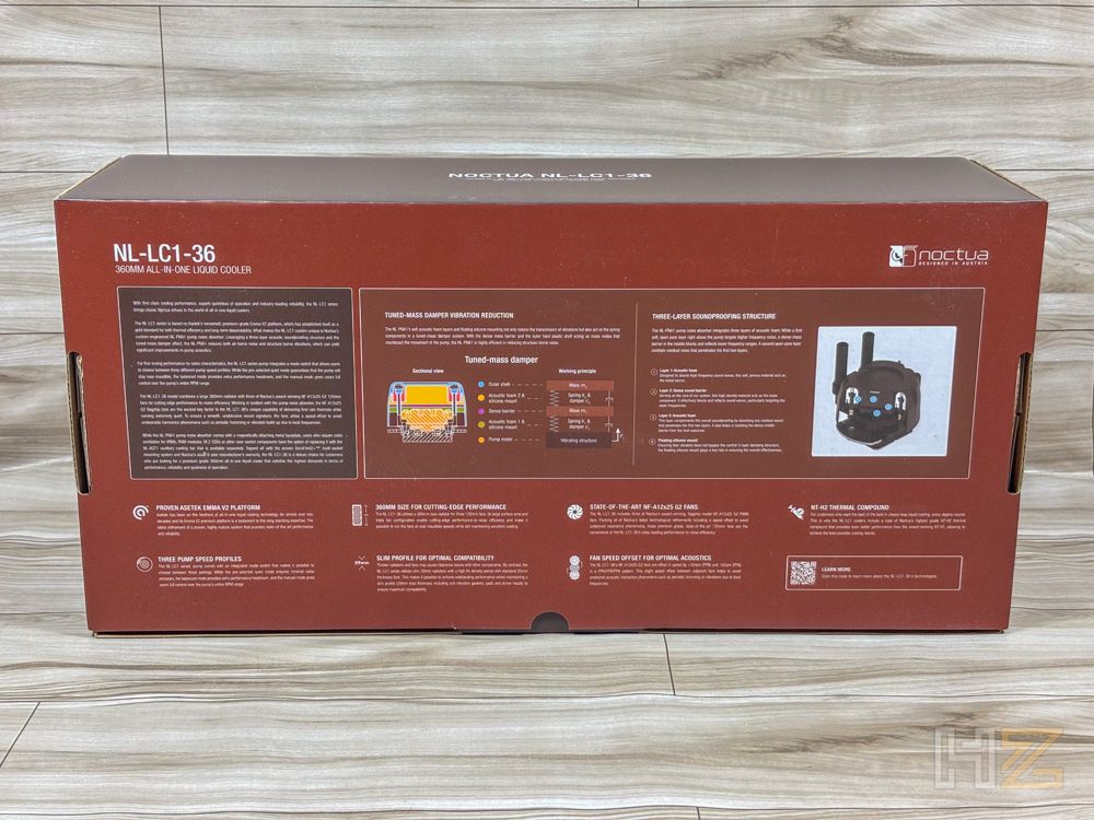 Parte trasera de la caja del Noctua NL-LC1 con especificaciones técnicas y diagramas de instalación.