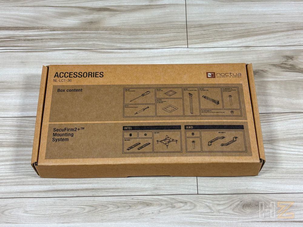 Caja de accesorios de cartón marrón de Noctua con diagramas del contenido y del sistema de montaje SecuFirm2.