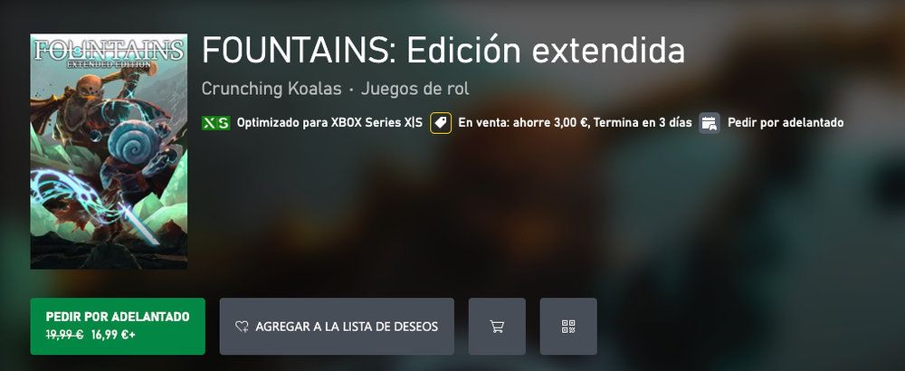 Interfaz de la tienda Xbox que muestra el juego FOUNTAINS: Edición extendida con opción de reserva y descuento.
