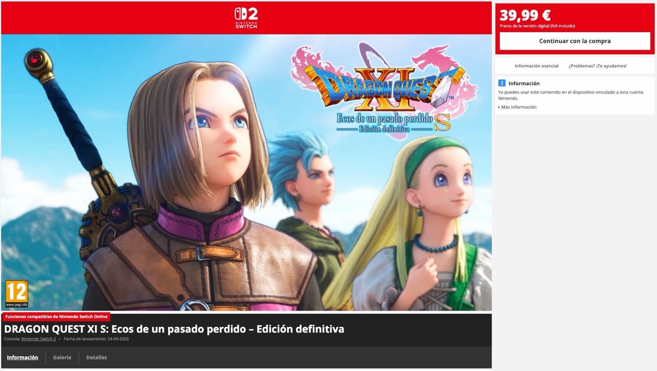 Interfaz de la tienda digital eShop con la ficha del videojuego Dragon Quest XI S: Ecos de un pasado perdido – Edición definitiva para Nintendo Switch.