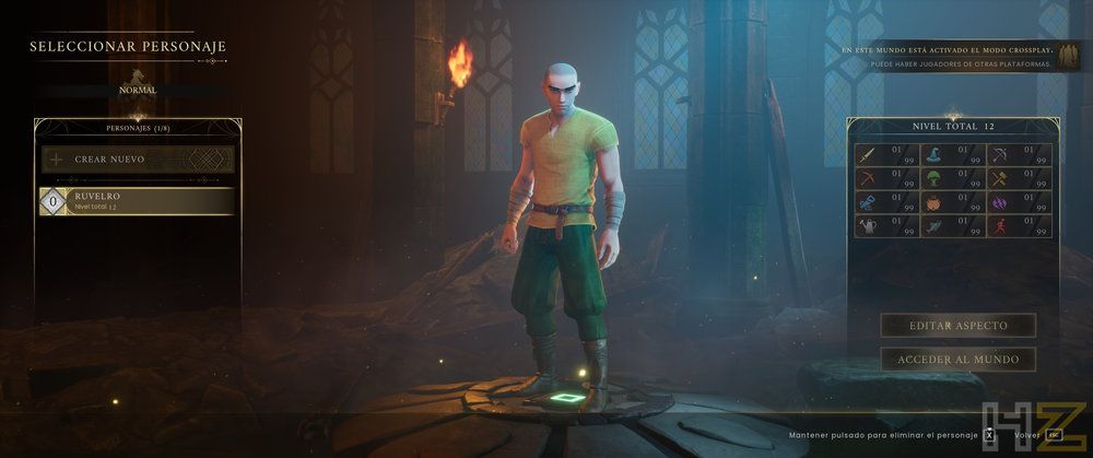Menú de selección de personaje en RuneScape Dragonwilds con un avatar masculino y paneles de interfaz lateral.