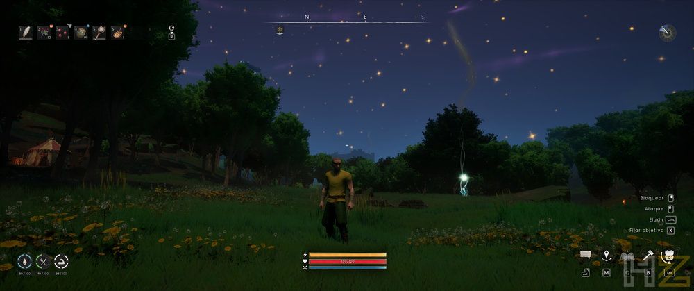 Personaje en un campo abierto bajo un cielo estrellado nocturno en RuneScape Dragonwilds.