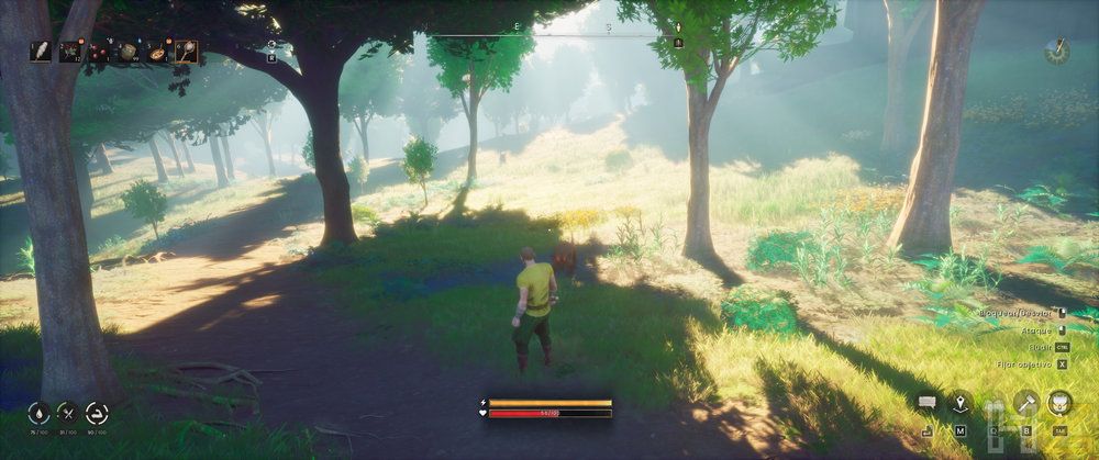 Personaje caminando por un bosque soleado en el videojuego RuneScape Dragonwilds.
