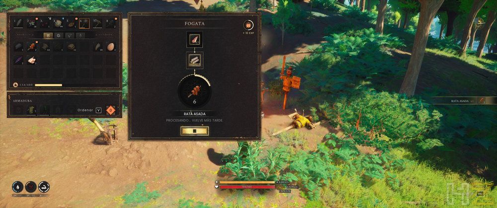Interfaz de creación de objetos y menú de inventario en una zona boscosa de RuneScape Dragonwilds.
