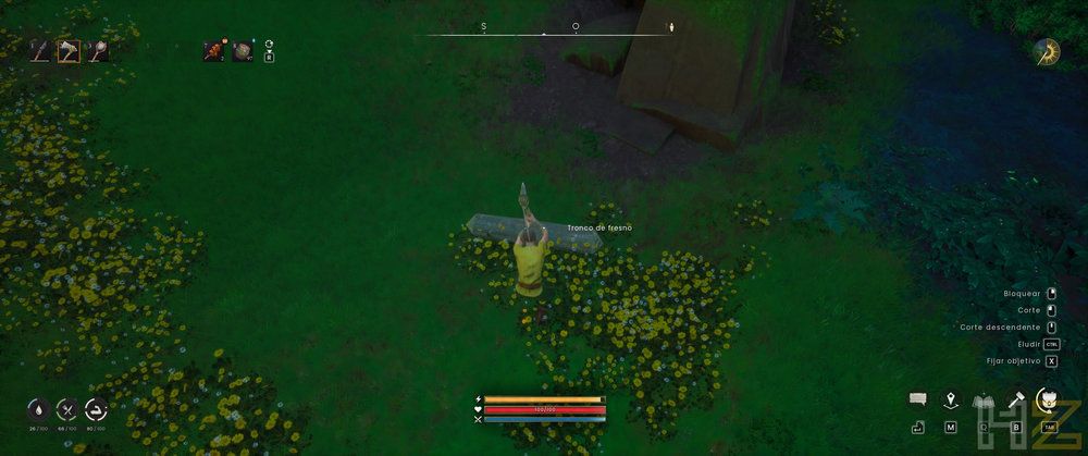 Personaje de RuneScape caminando por una zona de hierba verde y flores amarillas en Dragonwilds.