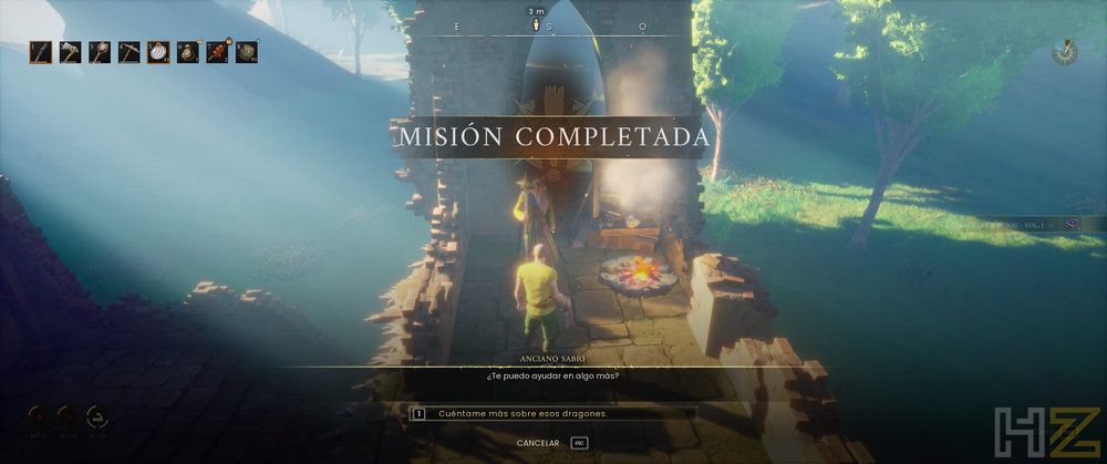 Interfaz de RuneScape Dragonwilds mostrando un mensaje de misión completada sobre un personaje en una estructura de piedra.