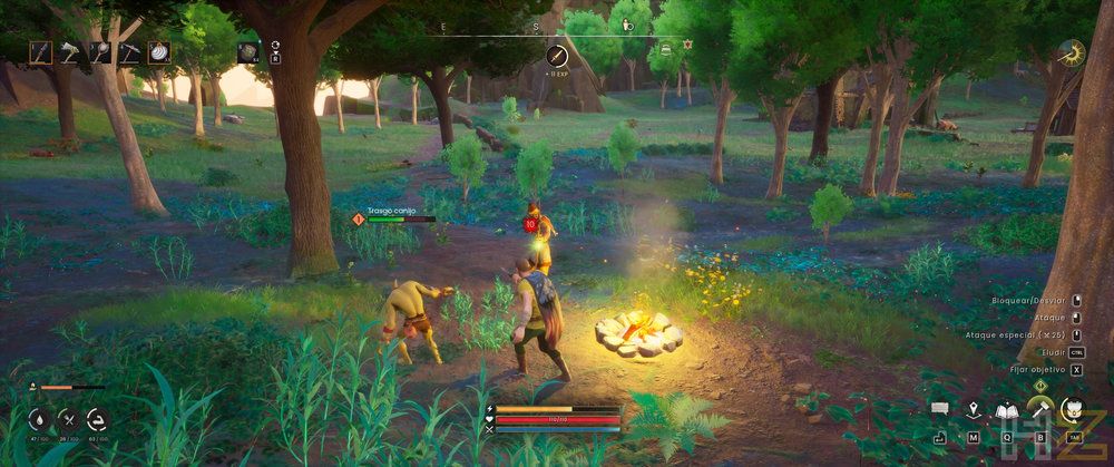 Personaje junto a una hoguera en un bosque rodeado de enemigos en el videojuego RuneScape Dragonwilds.