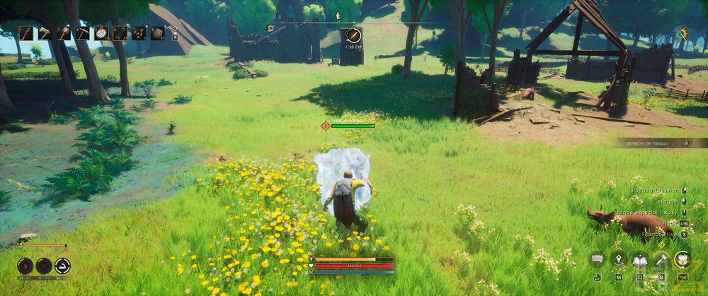 Personaje en tercera persona lanzando un hechizo de hielo en un prado verde de RuneScape Dragonwilds.