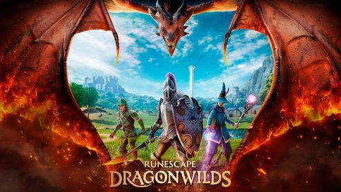 Tres personajes de Runescape, un guerrero, un mago y un explorador, frente a un paisaje natural enmarcado por las alas de un dragón.