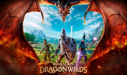 Tres personajes de Runescape, un guerrero, un mago y un explorador, frente a un paisaje natural enmarcado por las alas de un dragón.