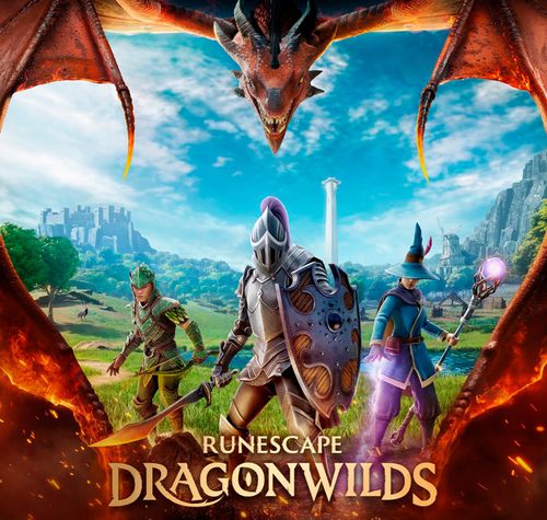 Tres personajes de Runescape, un guerrero, un mago y un explorador, frente a un paisaje natural enmarcado por las alas de un dragón.