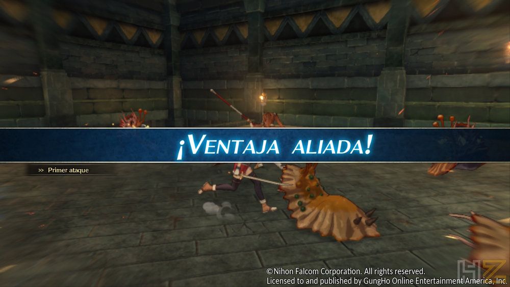 Combate por turnos en Trails in the Sky the 2nd Chapter mostrando el mensaje Ventaja aliada al inicio de un encuentro.