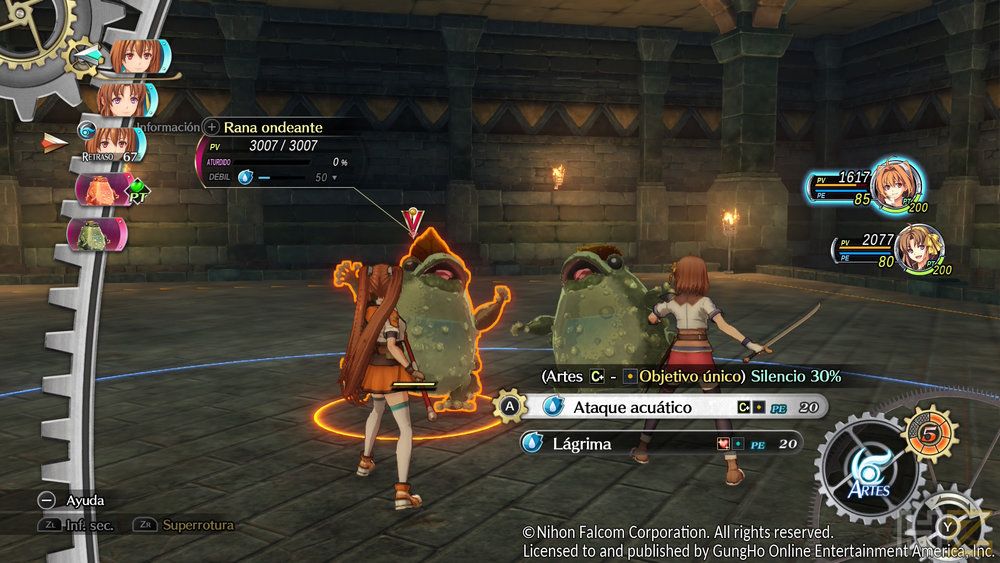 Combate por turnos en Trails in the Sky the 2nd Chapter donde un personaje se enfrenta a dos enemigos tipo rana en una mazmorra.