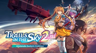 Ilustración promocional de Trails in the Sky the 2nd con personajes de estética anime y una nave sobrevolando un cielo al atardecer.