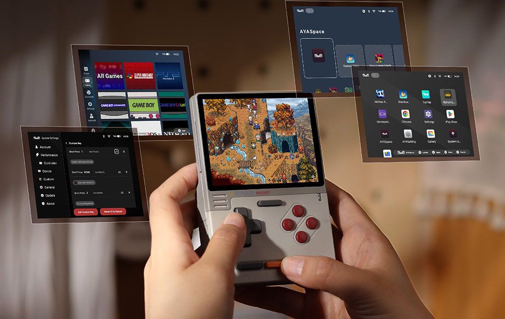 Persona sujetando la consola portátil KONKR Pocket Block con menús flotantes de la interfaz AYASpace.