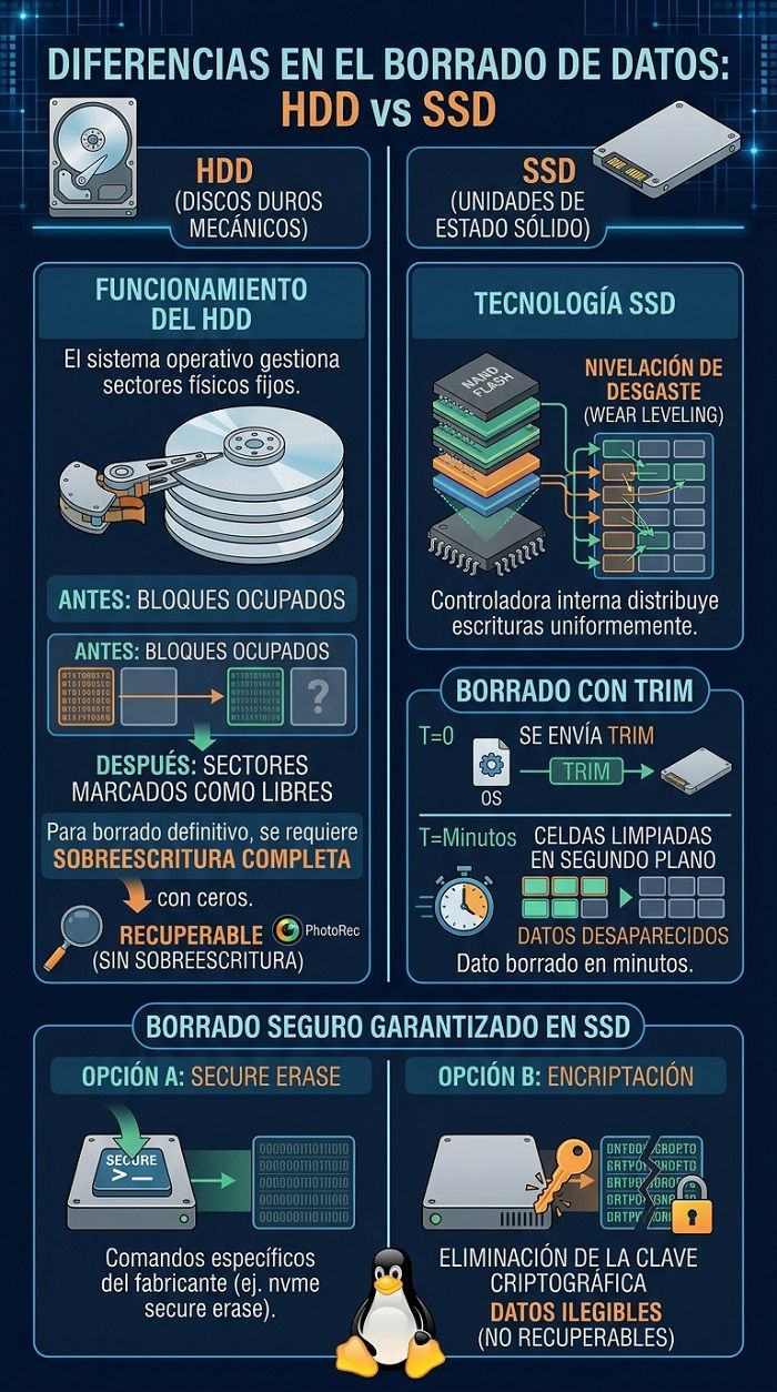 Infografía comparativa sobre las diferencias en el borrado de datos entre discos duros HDD y unidades de estado sólido SSD.