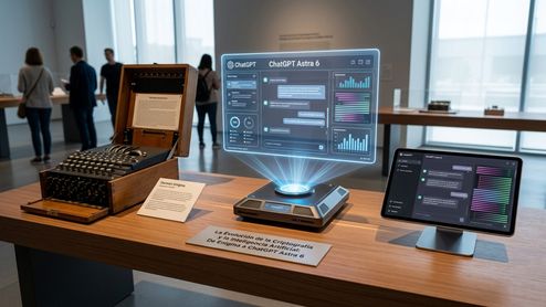 Exposición en un museo comparando una máquina Enigma original con una interfaz proyectada de ChatGPT Astra.