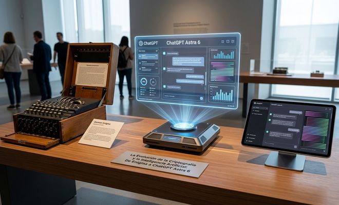 Exposición en un museo comparando una máquina Enigma original con una interfaz proyectada de ChatGPT Astra.