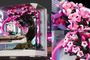 Interior de una caja de PC Cherry Bloom con una réplica de cerezo en flor, refrigeración líquida rosa y tarjeta gráfica GeForce RTX.