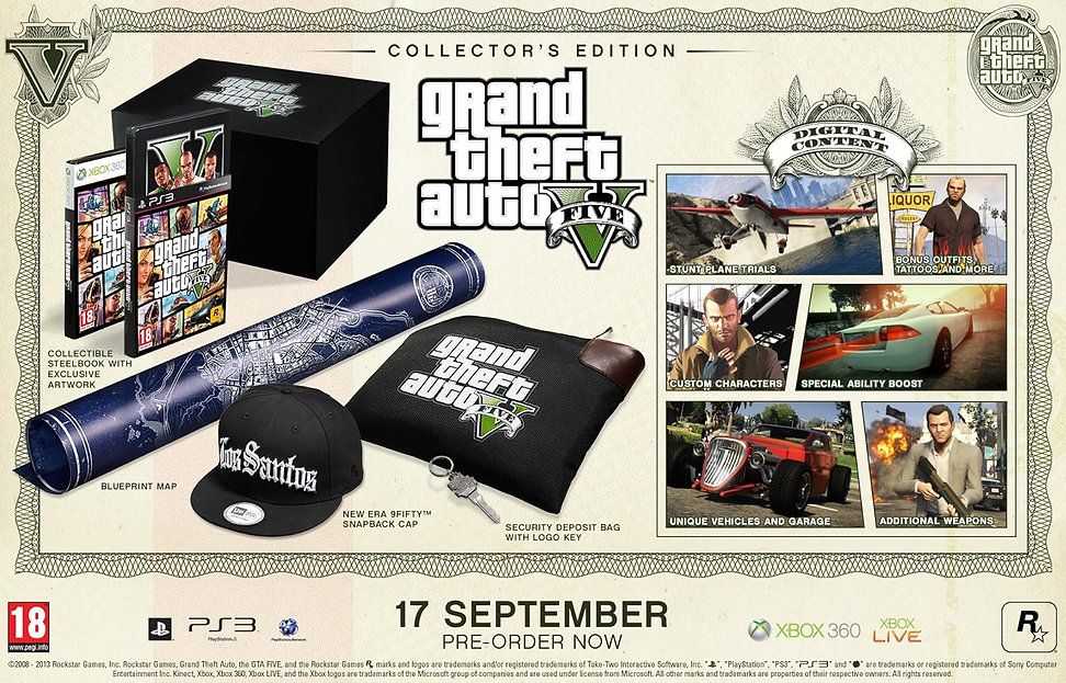 Contenido completo de la edición de coleccionista de Grand Theft Auto V incluyendo caja, mapa, gorra y extras digitales.