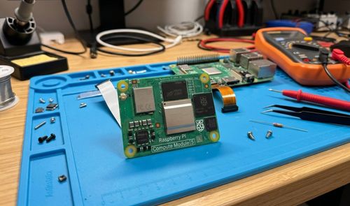 Placa Raspberry Pi Compute Module 5 sobre una alfombra de trabajo azul en un taller de electrónica.