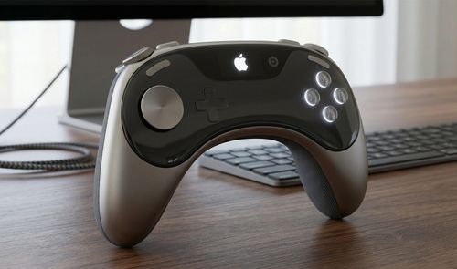 Concepto de mando para videojuegos con logotipo de Apple iluminado sobre un escritorio de madera.