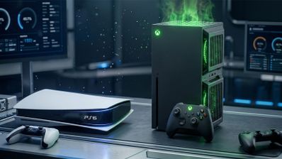 Diseños conceptuales de las consolas PS6 y Xbox Helix sobre una mesa de laboratorio tecnológico.