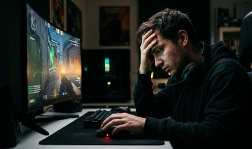 Usuario con expresión de frustración frente a un ordenador gaming sujetándose la frente con la mano.