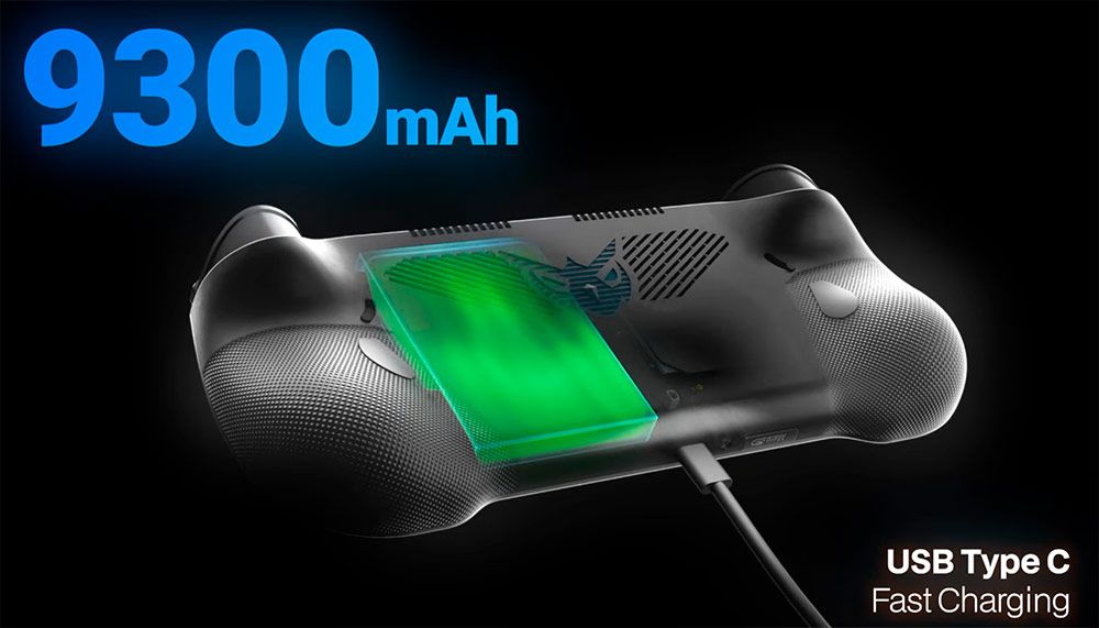 Vista trasera de la consola Arc X1 mostrando la ubicación de la batería interna de 9300 mAh y puerto USB-C.
