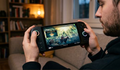 Primer plano de una persona sosteniendo una consola portátil con SteamOS mostrando el juego Elden Ring en pantalla.