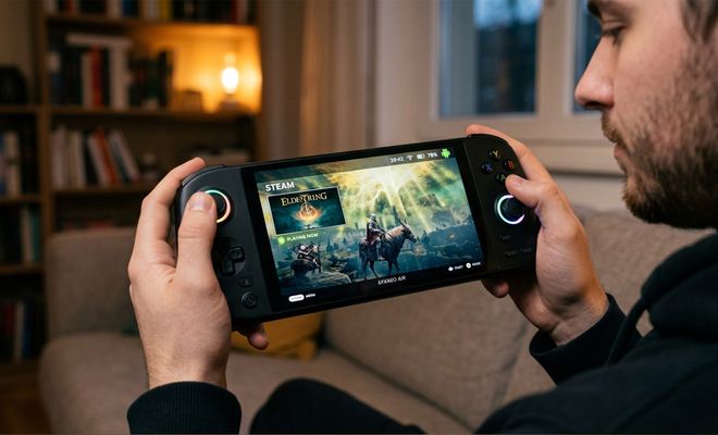 Primer plano de una persona sosteniendo una consola portátil con SteamOS mostrando el juego Elden Ring en pantalla.
