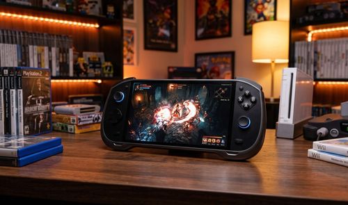 Consola portátil ARC-X1 ejecutando un juego de acción sobre un escritorio de madera rodeado de juegos y consolas clásicas.