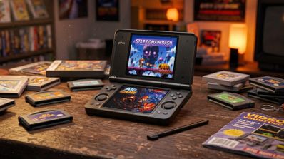 Consola portátil Yoniq Duo con doble pantalla sobre una mesa rodeada de cartuchos de videojuegos clásicos y revistas.