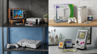 Cuatro composiciones de sets de construcción que recrean consolas clásicas como NES, Xbox 360, PlayStation y Game Boy.