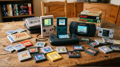 Colección de consolas portátiles clásicas y cartuchos de videojuegos sobre una mesa de madera.