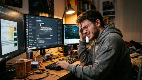 Usuario frustrado frente al ordenador con la interfaz de Discord abierta y una notificación de alerta de sistema.