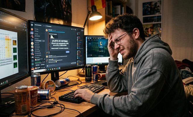 Usuario frustrado frente al ordenador con la interfaz de Discord abierta y una notificación de alerta de sistema.