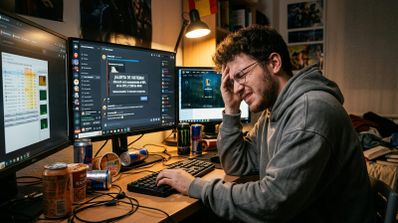 Usuario frustrado frente al ordenador con la interfaz de Discord abierta y una notificación de alerta de sistema.