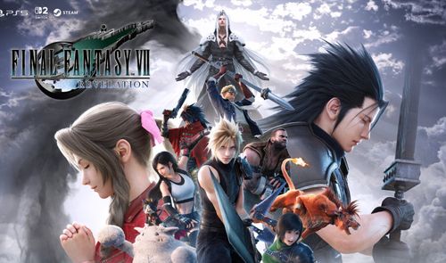 Ilustración promocional de Final Fantasy VII con Cloud Strife, Zack Fair, Aerith Gainsborough y el resto del elenco principal sobre un fondo de nubes.