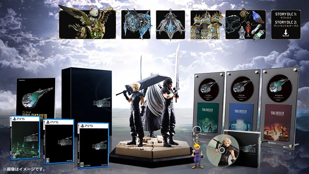 Edición especial de Final Fantasy VII Remake Trilogy con figuras, cajas de juegos para PlayStation y material promocional.