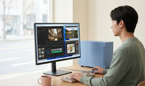 Persona trabajando en edición de vídeo en un ordenador de escritorio con interfaz de software profesional.