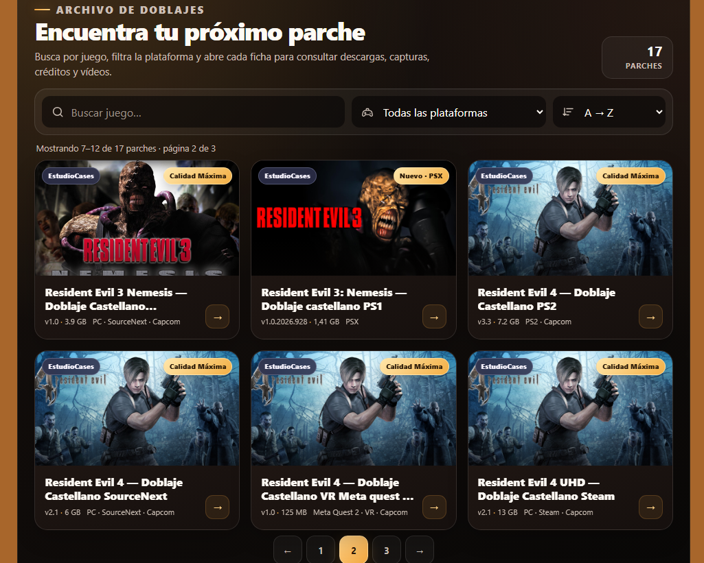 Interfaz de búsqueda en una web de parches con fichas de doblaje al castellano para diferentes versiones de Resident Evil 3 y Resident Evil 4.