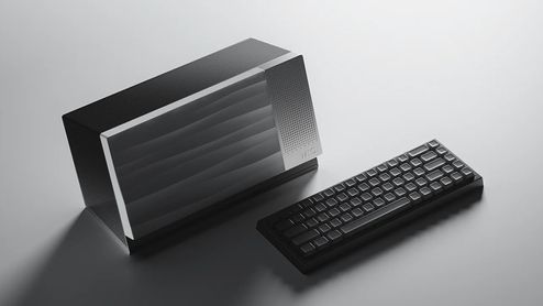 Caja externa para GPU WICI One junto a un teclado mecánico compacto sobre una superficie gris.