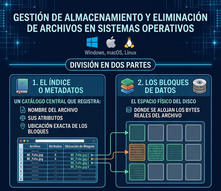 Diagrama explicativo sobre la gestión de almacenamiento y eliminación de archivos en Windows, macOS y Linux, diferenciando entre metadatos y bloques de datos físicos.
