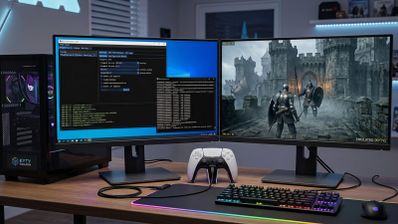 Configuración de doble monitor con un emulador de PS5 en ejecución junto a una ventana de comandos en PC.