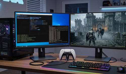 Configuración de doble monitor con un emulador de PS5 en ejecución junto a una ventana de comandos en PC.