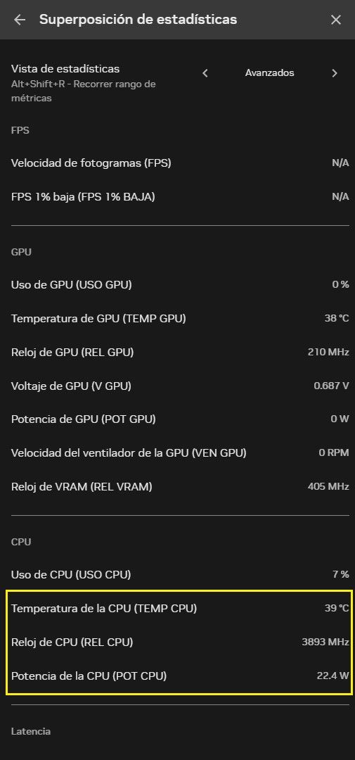 Menú de superposición de estadísticas avanzadas en la aplicación de NVIDIA mostrando métricas de FPS, GPU y CPU.