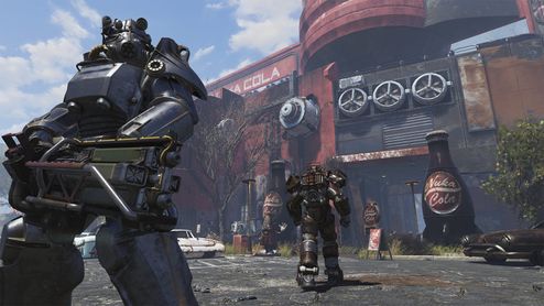 Dos personajes con servoarmaduras en el exterior de la fábrica de Nuka-Cola en Fallout 76.